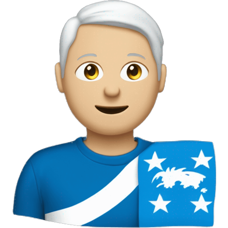 Un humain qui porte un tee-shirt bleue avec écrit nz dessus qui tient un drapeau bleu avec écrit nz dessus qu'il soye heureux et des étoiles autour de lui emoji