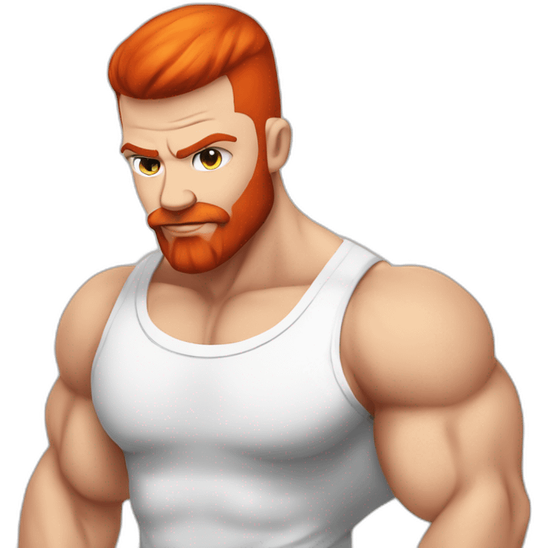 Bodybuilder skinhead man with a red beard, in a T-shirt with the inscription POWERLIFTING emoji