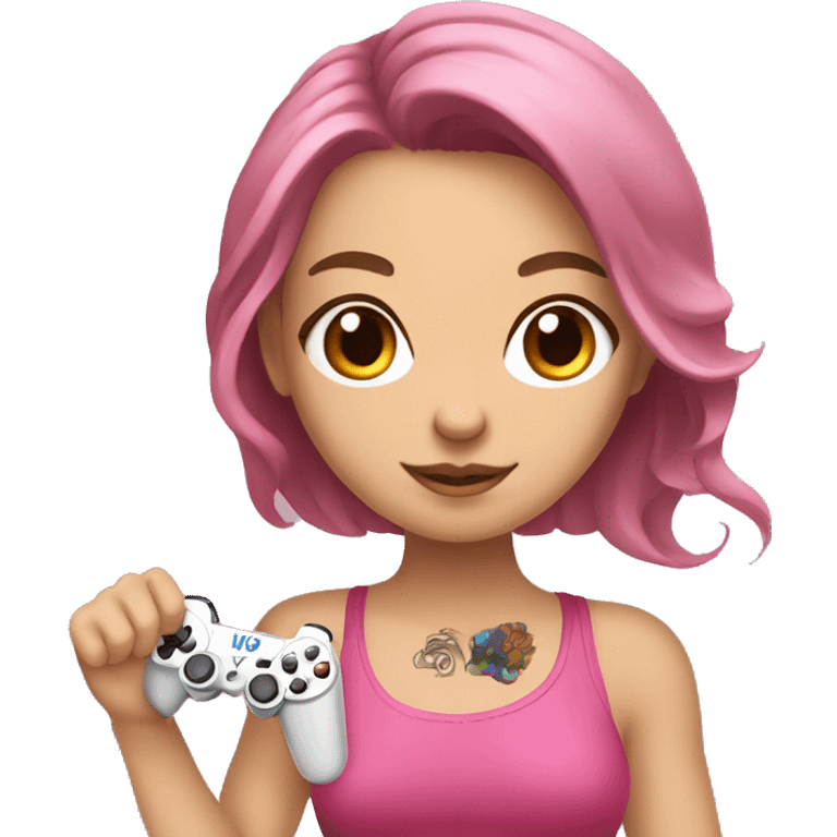 White girl with arm tattoo and brown hair holding a pink game controller emoji