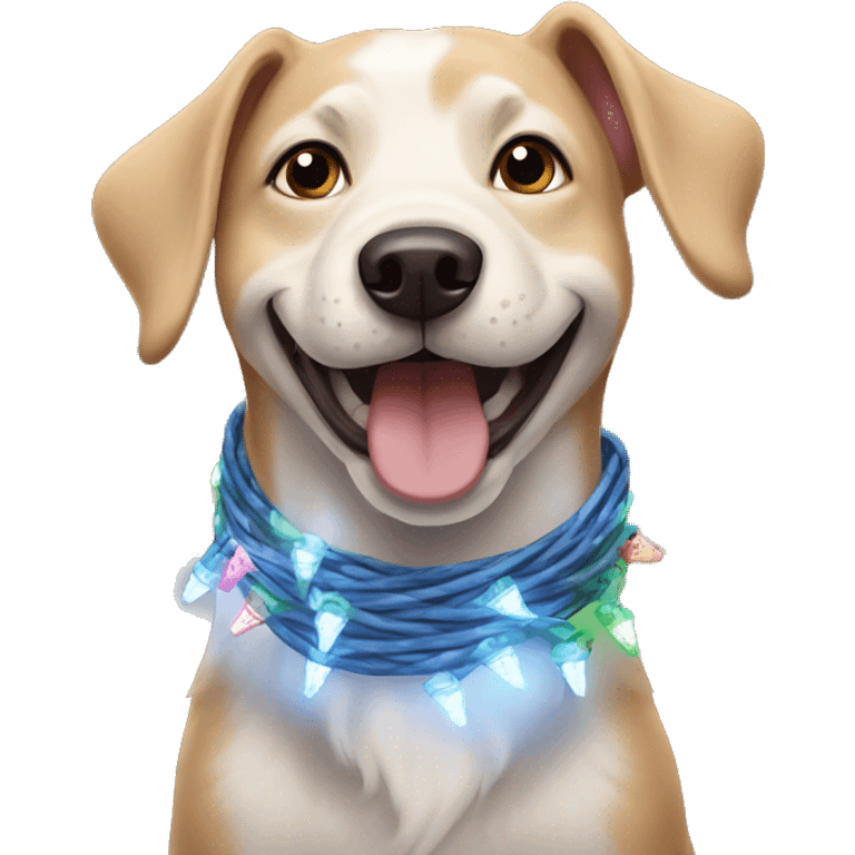 happy dog wrapped in christmas lights emoji