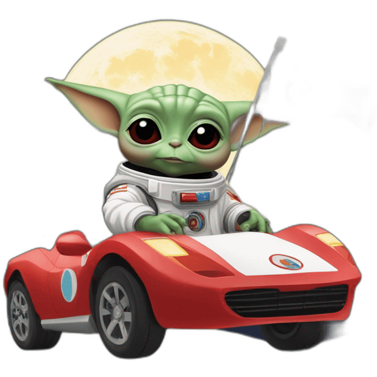 baby yoda unicorn driving a red ferrary in an astronaut suit with peace flag on the moon emoji