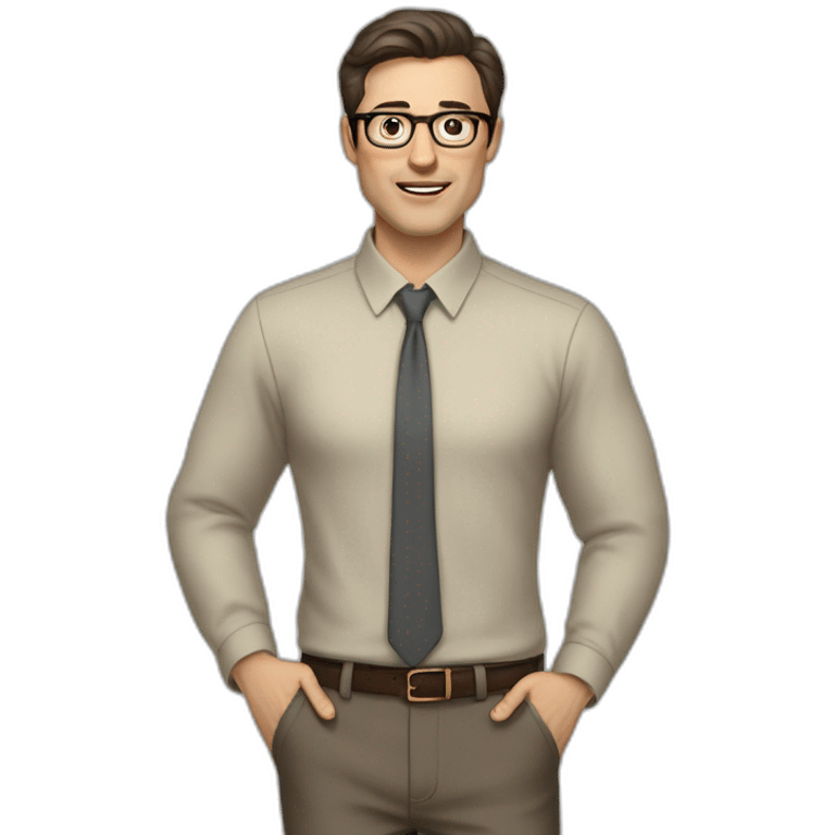 Full height Actively gesturing with hands Pale skinned fit man with dark brown hair in gray jacket, beige office shirt, brown tie, brown pants and vintage glasses. emoji