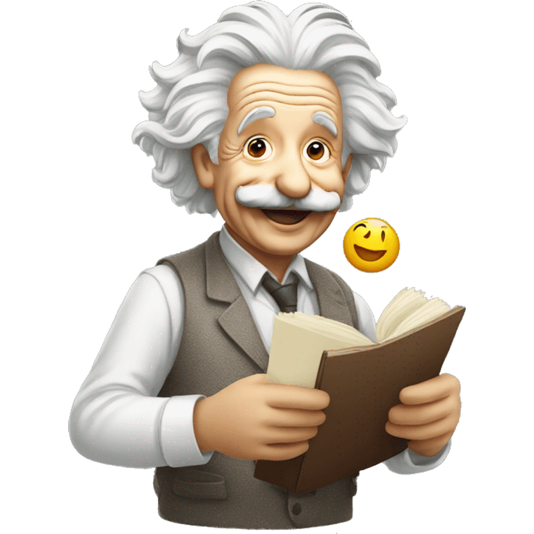 happy albert einstein holding tada emoji in one hand emoji