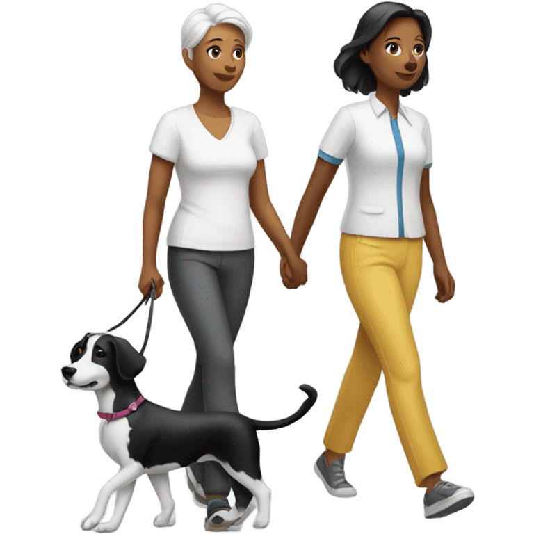 2 ladies walking a black and white dog emoji