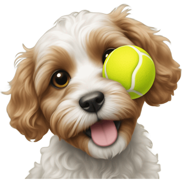 Cavoodle puppy playing with tennis ball at the beach emoji