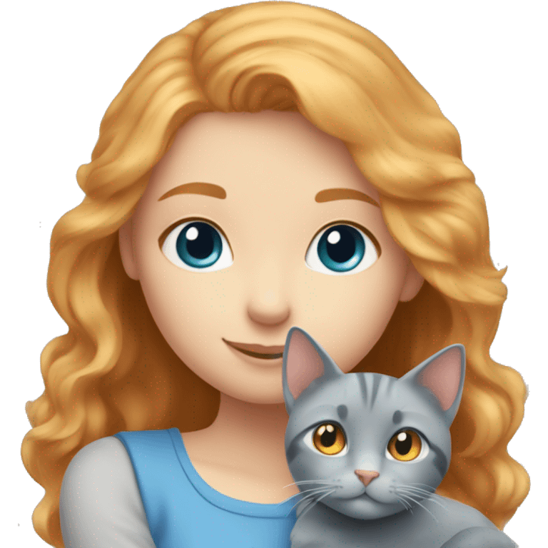 strawberry blonde girl with blue eyes cuddling grey cat emoji