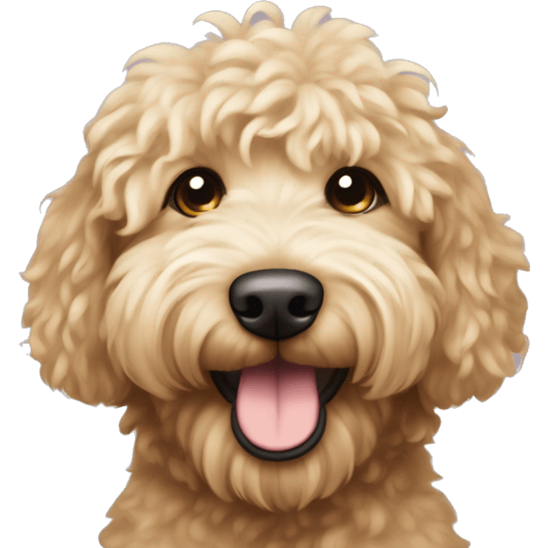 Smiling goldendoodle with short fur and a curly floof on top of head emoji