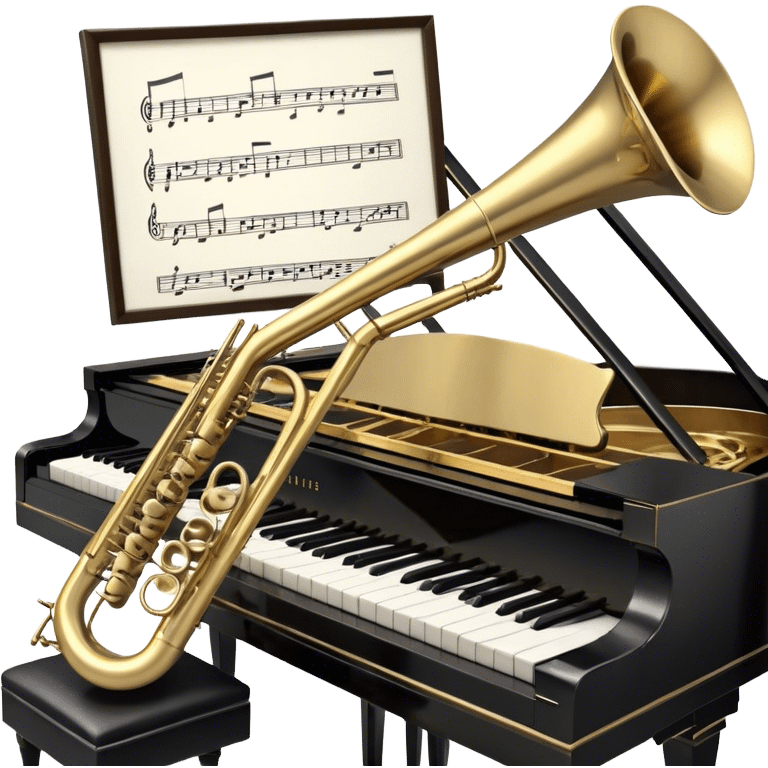 Create an elegant and nostalgic emoji representing a jazz setting with a grand piano (jazz piano), a Selmer Model 19 trumpet with a balanced action, and a vintage microphone on a stand in the foreground. The design should feature the sleek black grand piano with visible keys and a shiny brass trumpet placed beside it. The microphone should have an old-school, retro design with a chrome finish and a classic microphone stand. Add musical notes floating around the instruments to evoke the improvisational spirit of jazz. Use rich, dark colors like black, gold, brass, and silver to reflect the vintage and sophisticated atmosphere of a jazz performance. The background should be transparent. emoji