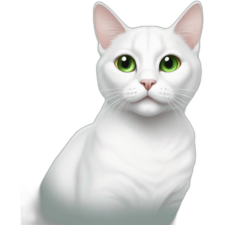 white cat with a large black spot on the top of the head with a white teat in the middle of the spot, with green eyes emoji