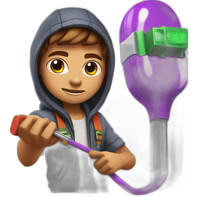 Zach psychicpebbles holding a Needle hooked up to television playing subway surfers emoji