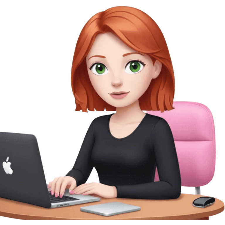 Redhead with green eyes sat at desk with pink MacBook and  podcast microphone black top and pink chair  emoji