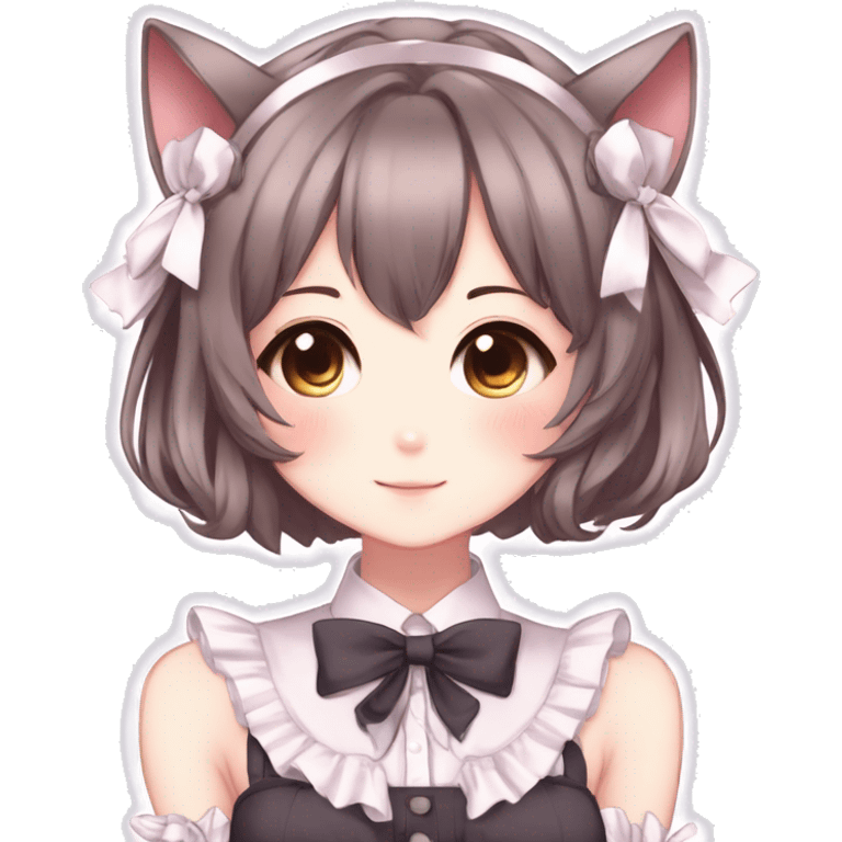 Gorgeous anime style catgirl with blushing face with maid outfit bow tie idol model kawaiicore pearly petite simplistic aesthetic trending style emoji