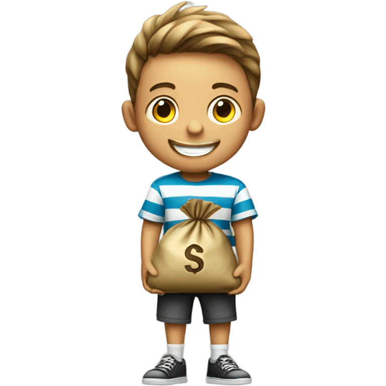 smiling boy in striped shirt with a money bag emoji