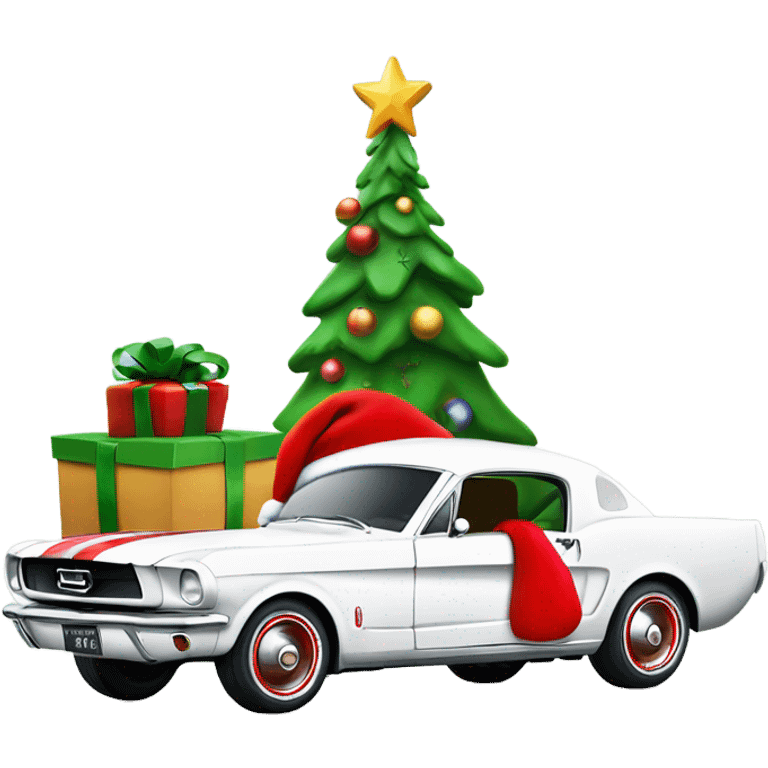 Create a merry Christmas’s message with a white mustang car from the 1960s with Santa in the drivers seat  emoji