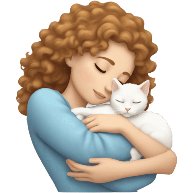 White girl light brown curly hair sleeping with white kitty emoji