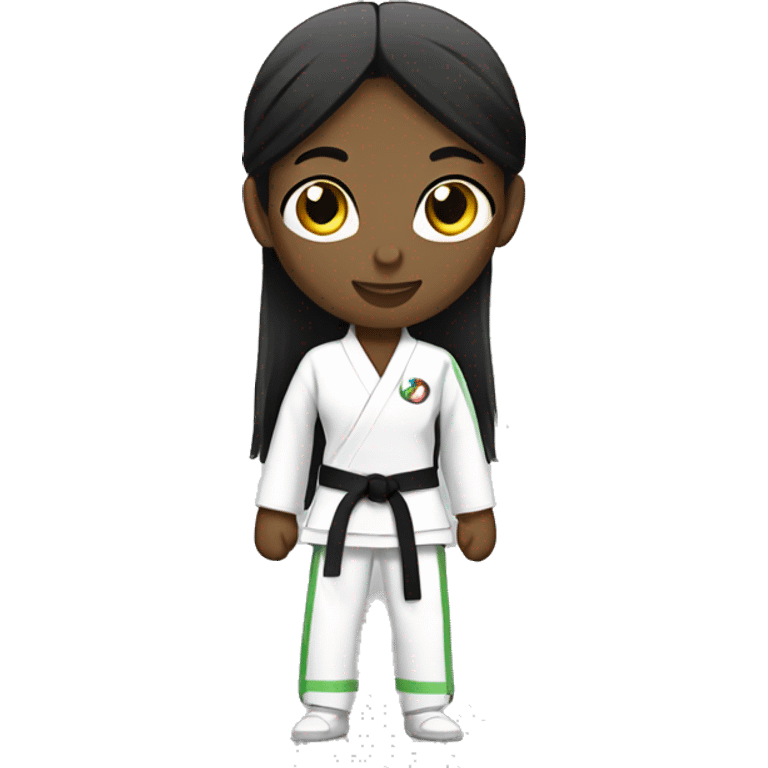 full body taekwondo girl with all white gi light green belt long black hair lighter dark skin emoji