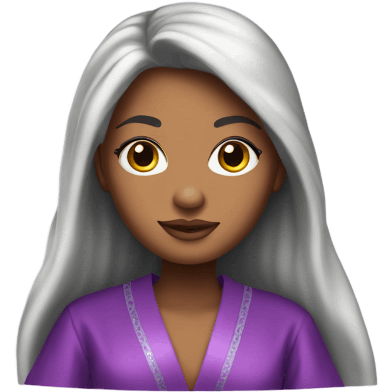 Tanned woman with long black hair wearing a silk purple Victoria’s Secret robe emoji