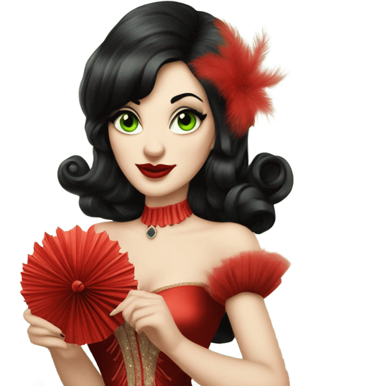 Burlesque dancer with black hair, pale skin, and green eyes in a red vintage costume holding red feather fans emoji