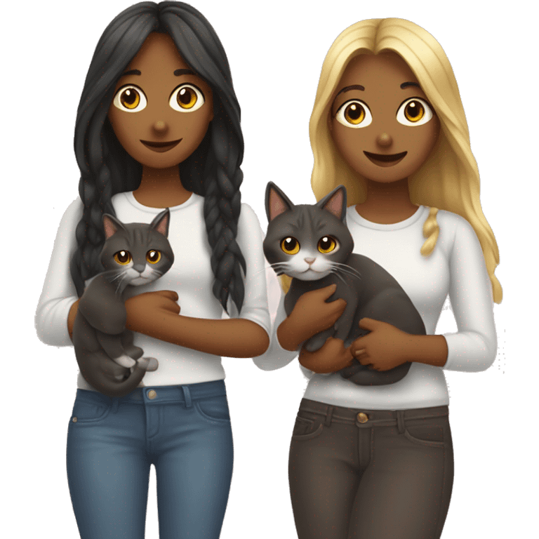 Two long hair girls and two cats in their hands emoji