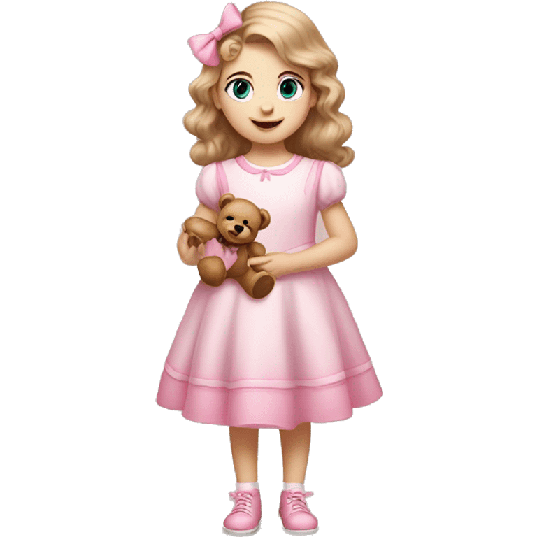 Little Girl with White skin, blue eyes. Light brown hair with pink bows in it.  She is wearing a pink and White dress, standing and holding on to a teddybear with a pink bows. emoji