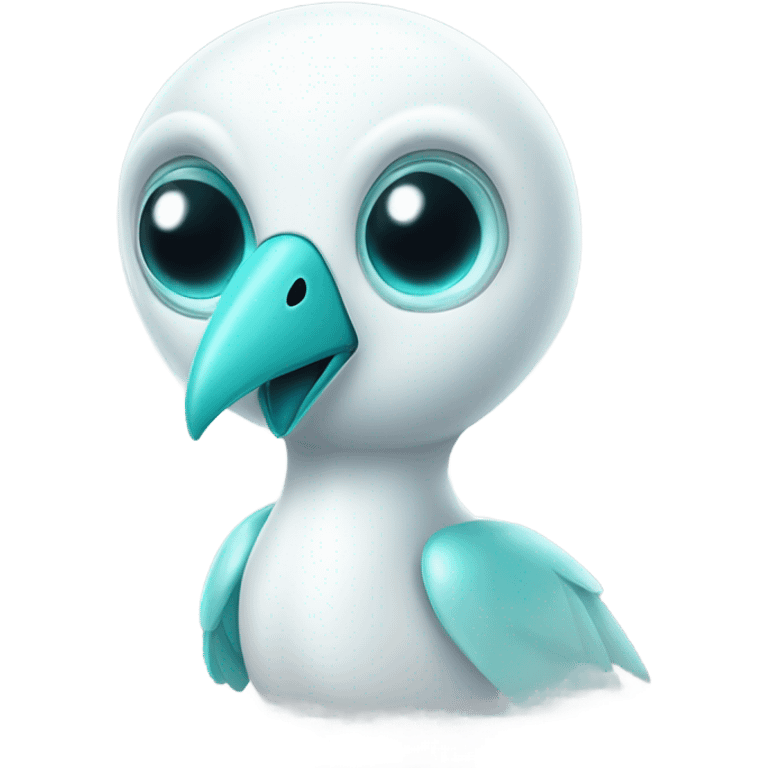 White alien bird with 6 teal dots on back and metal head emoji