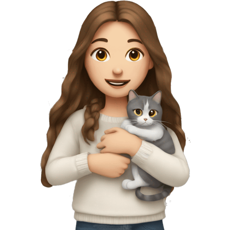 Girl with long brown hair in sweater holding a british grey and white cat emoji