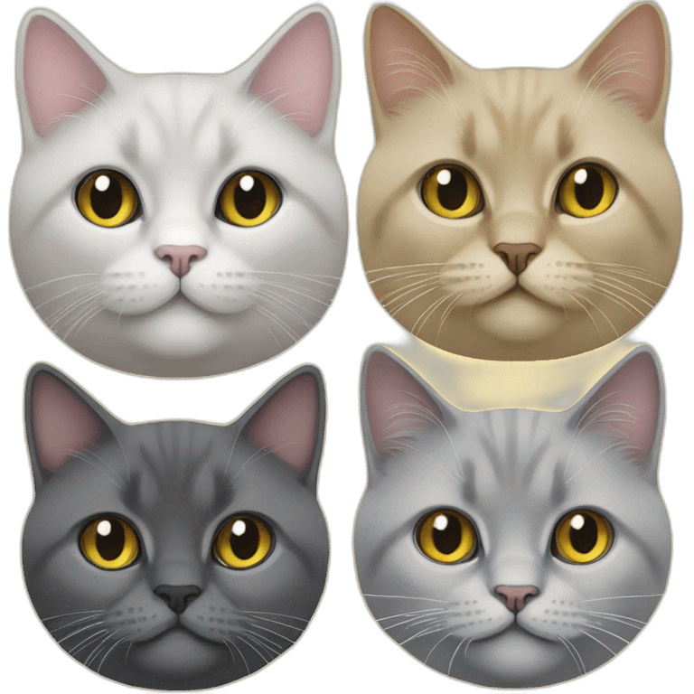 Create 4 face cat 's emoji. Includes black British Shorthair, yellow British Longhair, Himalayan Longhair, gray British Shorthair. The only British longhaired yellow cat is the tabby.  emoji