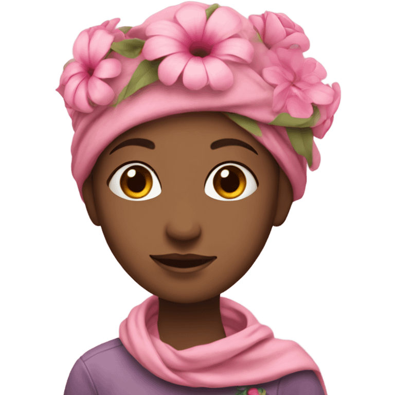 girl with a scarf on her head and a bouquet of pink flowers emoji