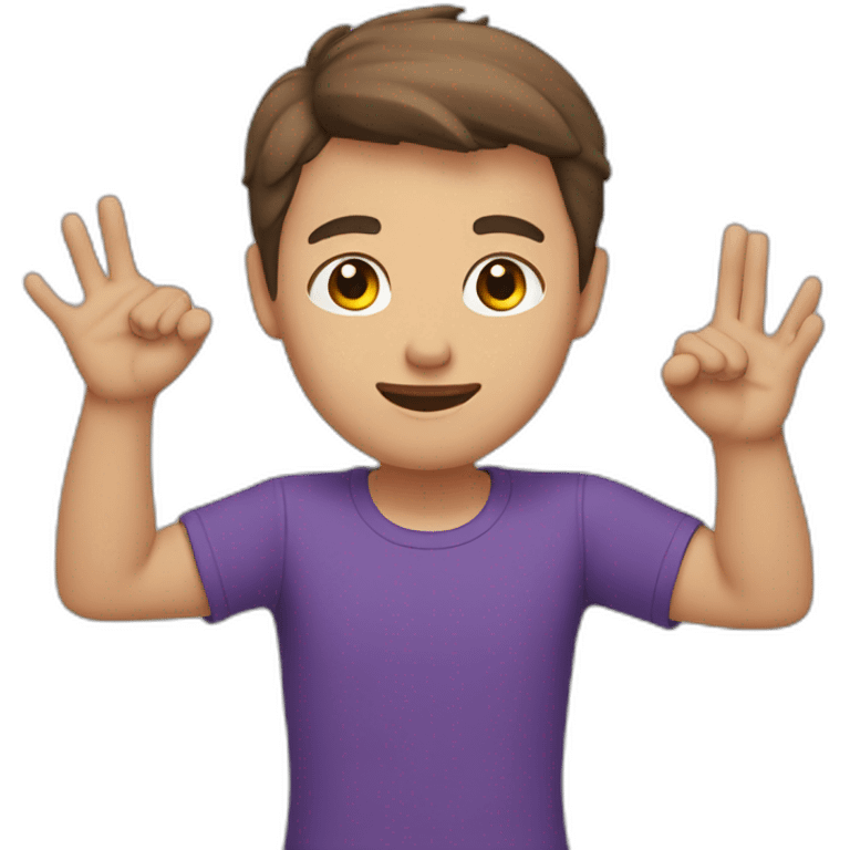 young man raising his hand, brown short hair, purple t-shirt, white skin, head large emoji