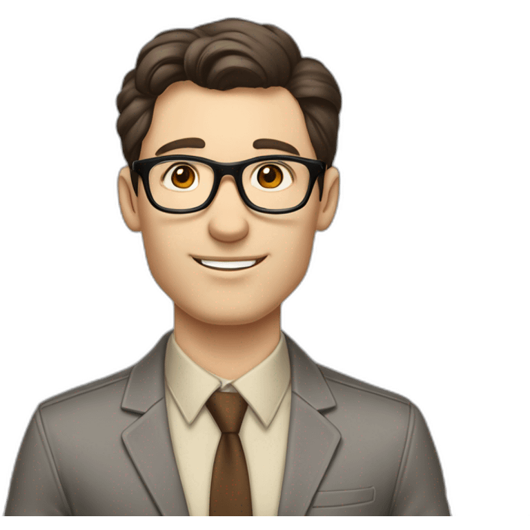 Pale skinned fit man with dark brown hair in gray jacket, beige office shirt, brown tie, brown pants and vintage glasses Writing on the marker board emoji