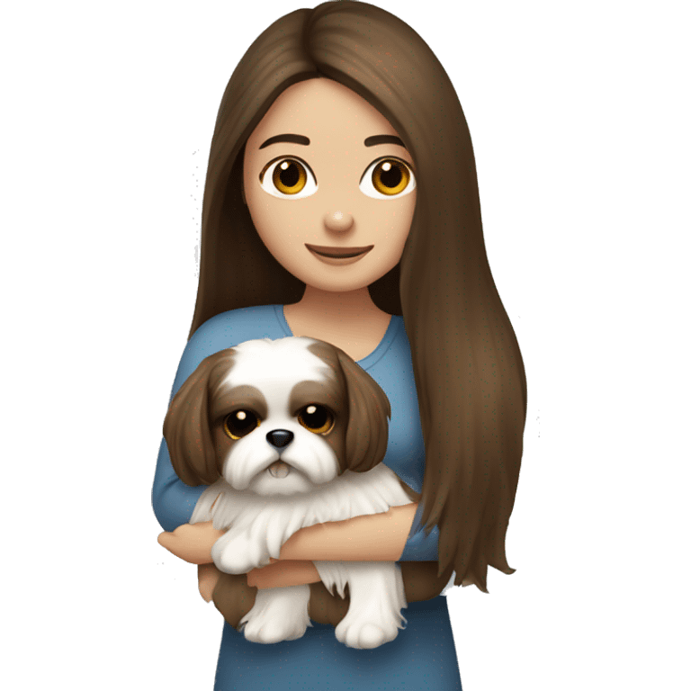 Brunette girl with brown long hair, hugging her Shih tzu white emoji