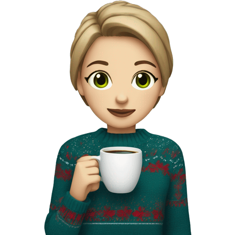 Light brown short haired girl with green eyes drinking coffee wearing blue Christmas sweater emoji