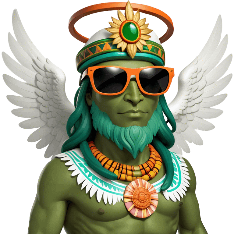 Aztec deity with a biblically accurate angel seraphim chilling at a beach  emoji