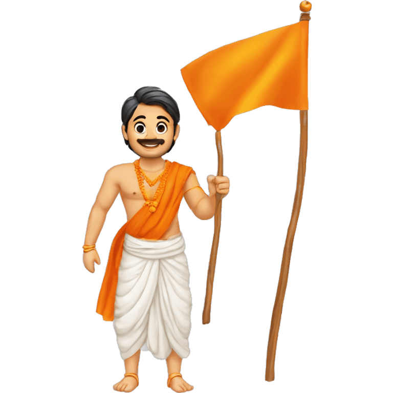 hindu guy having a saffron flag in hand, saying jai shri ram with joy, the flag has जय श्री राम written on the flag emoji