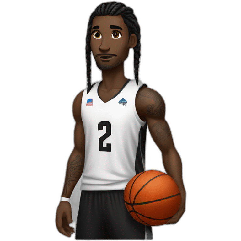 dark skin basketball player with tattoos, braided hair wearinf black and white jersey emoji