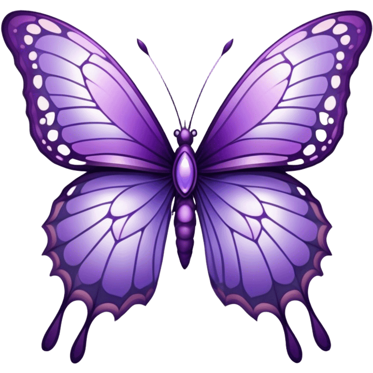 "A majestic butterfly in shades of purple, with intricately detailed wings featuring a mesmerizing pattern resembling delicate lace. The wings shimmer with an iridescent glow, reflecting hues of amethyst and lilac. The butterfly hovers gently above a field of blooming lavender, surrounded by tiny dewdrops glistening in the morning sunlight. A soft-focus background creates a dreamy atmosphere, emphasizing the elegance and ethereal quality of the butterfly."
 emoji