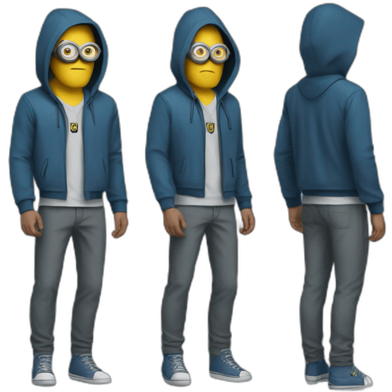 minion blue hood blue shirt gray pants with gold insert belt leather shoes black mask three stripes claw marks glasses angry glance emoji