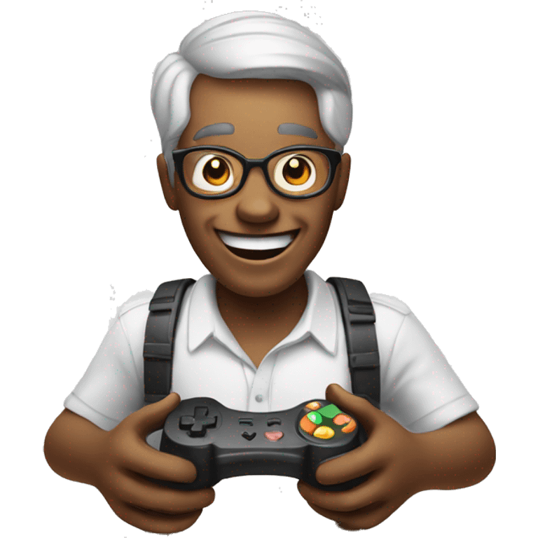 An emoji laughing while holding a game controller emoji