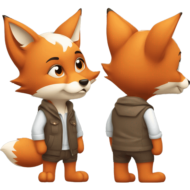 adorable adult male fox cub dressed in casual and playful human clothes. The fox is thinking intensely about something and scratching his head with his hand, there is a serious and thoughtful expression on his muzzle emoji