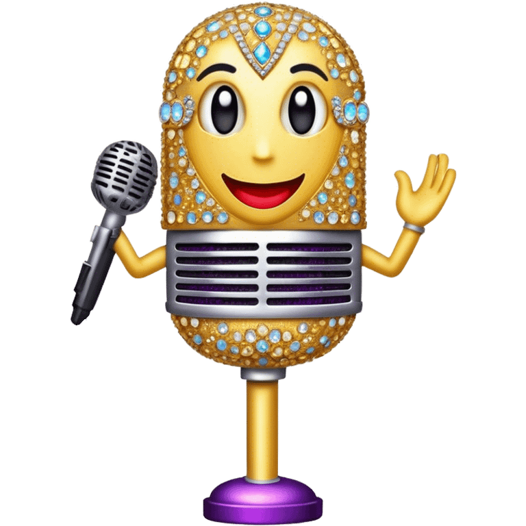 Create a glamorous and vibrant emoji representing stage vocal performance. The design should feature a classic vintage microphone at the center, surrounded by an eye-catching stage costume covered in rhinestones, sparkling brightly. The costume should be stylized, with glittering elements like sequins and sparkles, and reflect the glitzy, extravagant nature of show business. The microphone should have a sleek, retro look with chrome or metallic accents. Use rich, dazzling colors like gold, silver, deep purple, and bright red to evoke the glamorous, larger-than-life feel of a stage performance. The background should be transparent. emoji