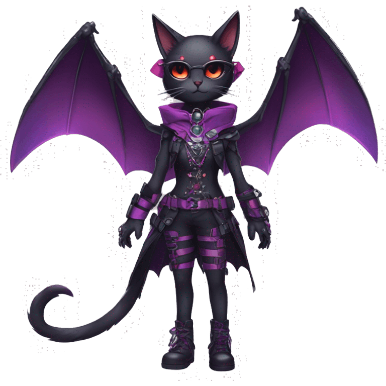 cool kawaii edgy evil techwear black purple red ethereal fantasy beautiful elegant bat-cat-Fakemon wearing legs spats a collar harness with jewelries full body emoji