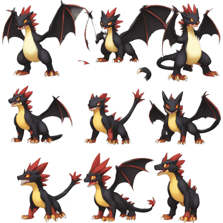 Anthro Cute cool black red white yellow nargacuga-Charizard-sergal-Litten animal hybrid Fakemon full body emoji