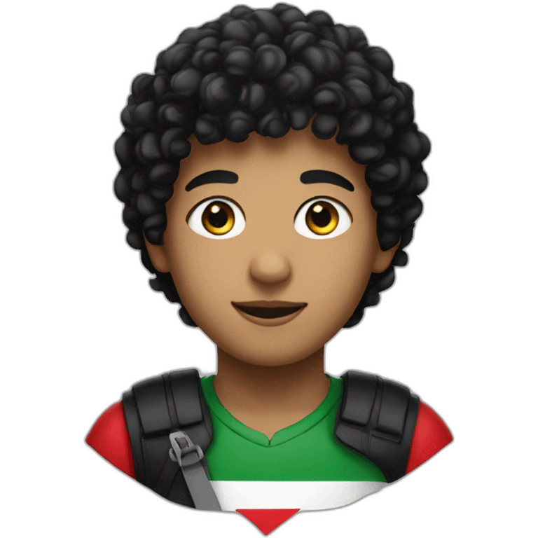 A boy, black hair, curly hair, wearing the Palestine flag emoji