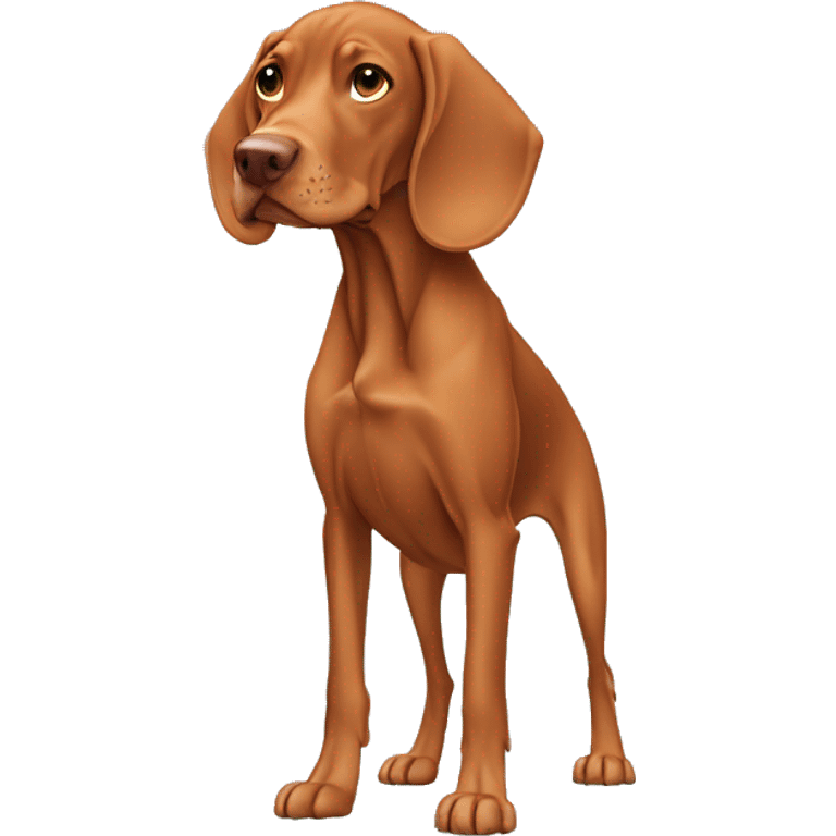 Grown Vizsla dog. standing. stocky. Droopy ears. Long legs. White paws. Washed face.  emoji