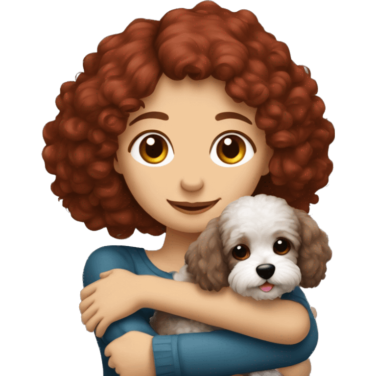 Dark-red-haired girl hugs  her Maltipoo-Black-dog emoji