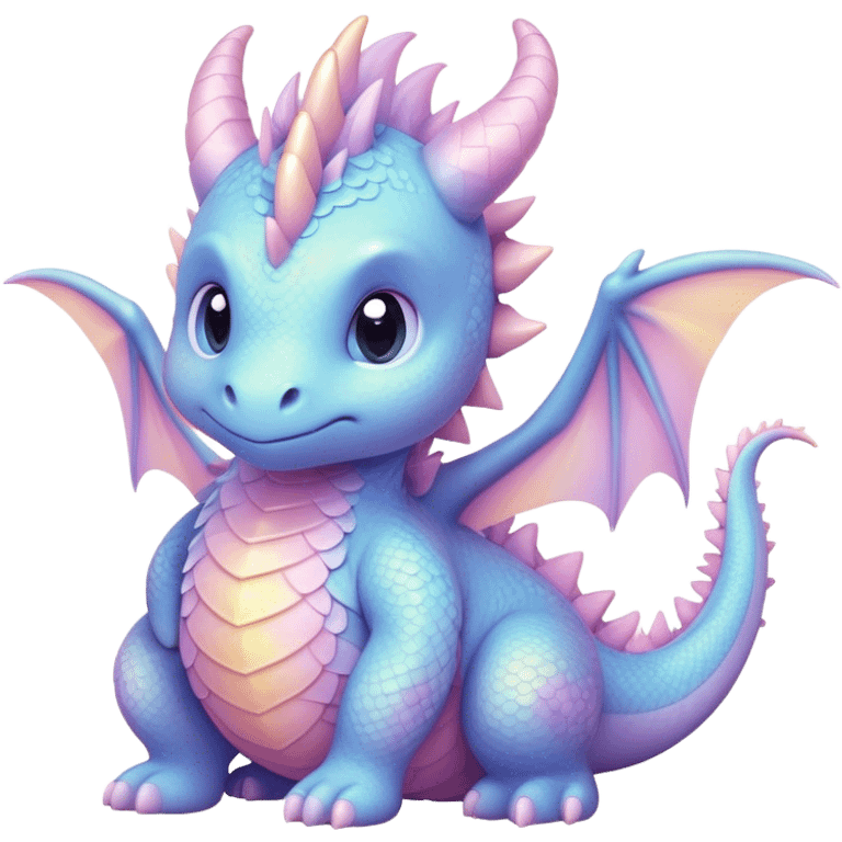 Cinematic fluffy pastel dragon, tiny round wings, chubby feet, sparkling gentle eyes, delicate glowing scales, soft colors blending magically, enchanting and whimsical. emoji