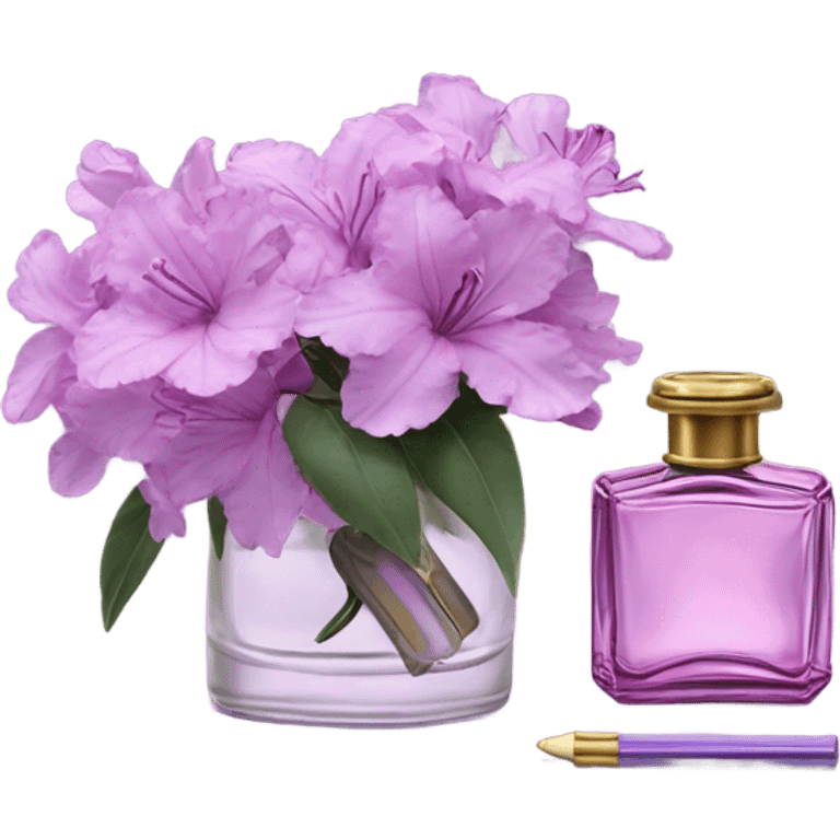 Aesthetic ensemble of soft purple azaleas alongside a charming vintage purple perfume bottle.
 emoji