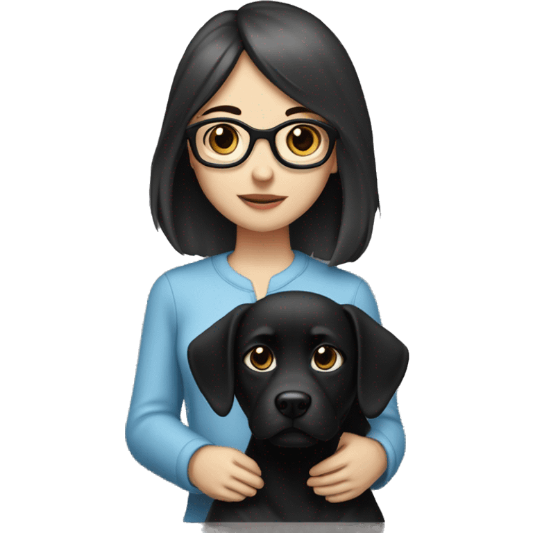 bob haired Brunette with glasses and blue eyes Girl with black shitshu dog. Girl has blue eyes emoji