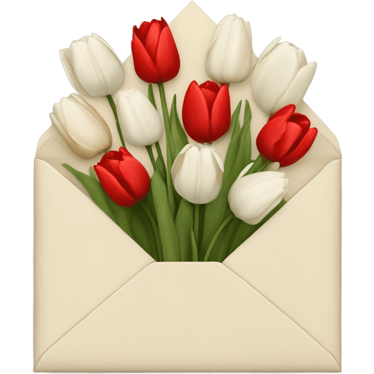 Light beige Envelope with 4 red tulips and 4 white tulips in. Make the envelope full and the envelope should be off white colour emoji