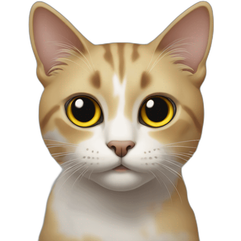 cat with white head and at the top of the head some black cyper color, yellow brown eyes, dirty looking emoji